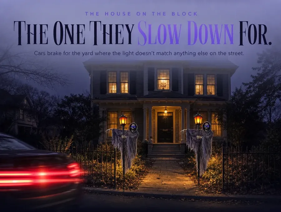 A house at night with two lit gaslight ghouls flanking the front walk, a car slowing in the foreground