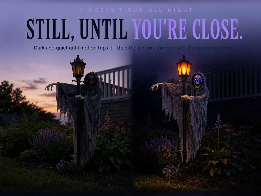 The same flower bed at dusk unlit, and at night triggered and lit, side by side
