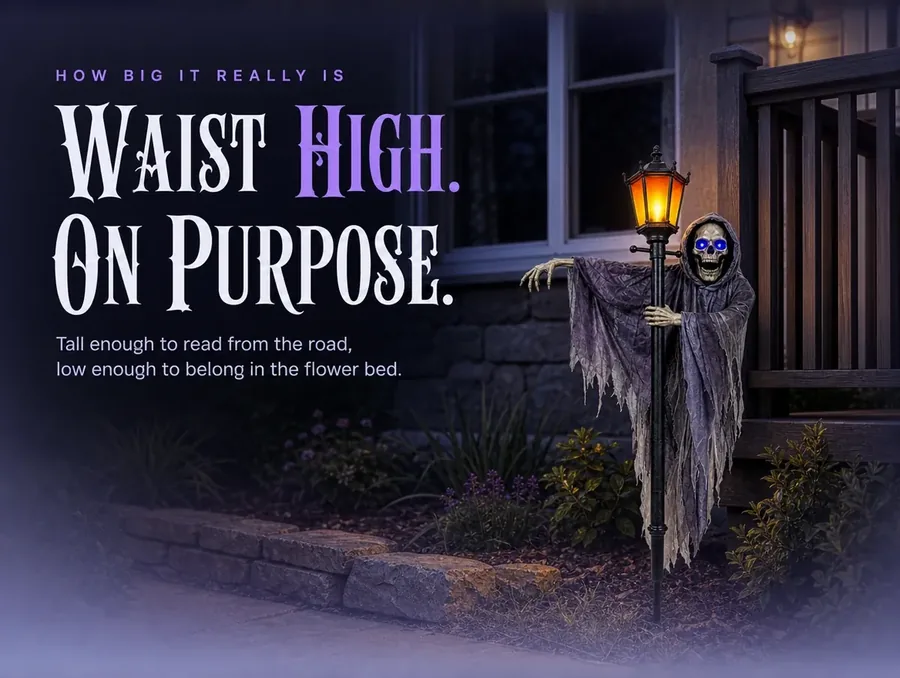 The ghoul beside a porch rail and window sill, its lantern cap sitting below both