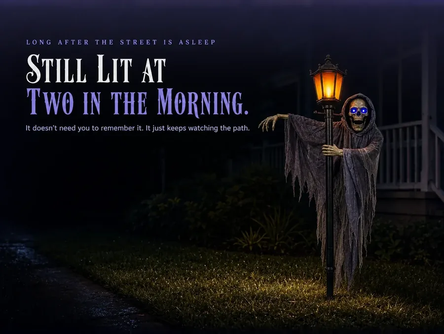 A sleeping dark yard where one lit gaslight ghoul is the only light left on