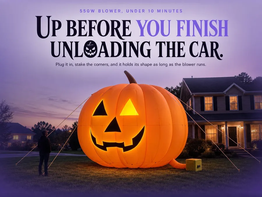 The giant inflatable pumpkin mid-inflation at dusk beside its small blower box on the grass.