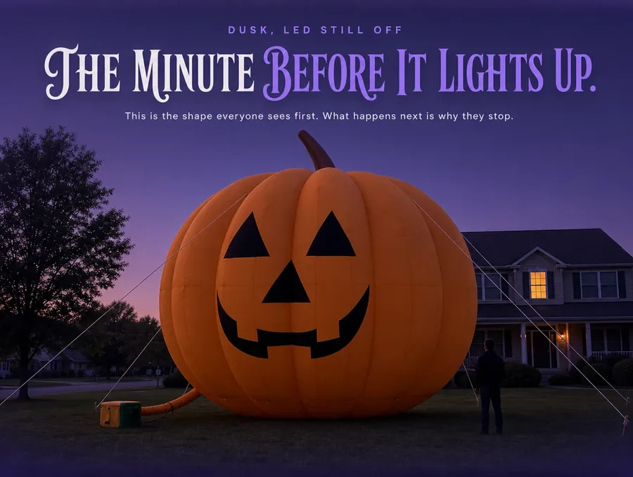 The giant inflatable pumpkin at dusk just before its LED lights turn on, sky gone violet-blue.