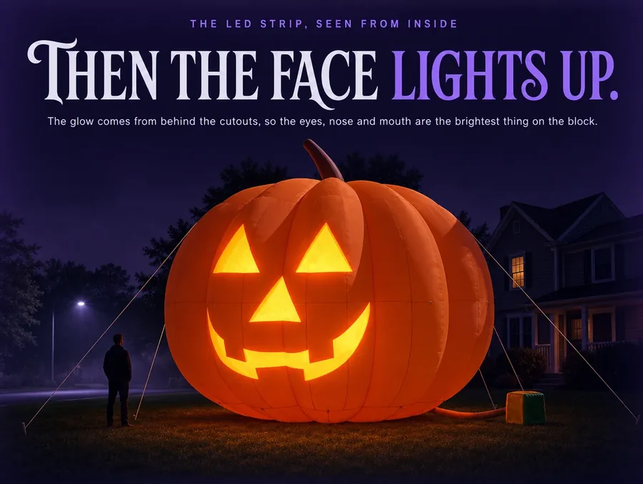The giant inflatable pumpkin at night with its carved face glowing amber-orange from an internal LED strip.