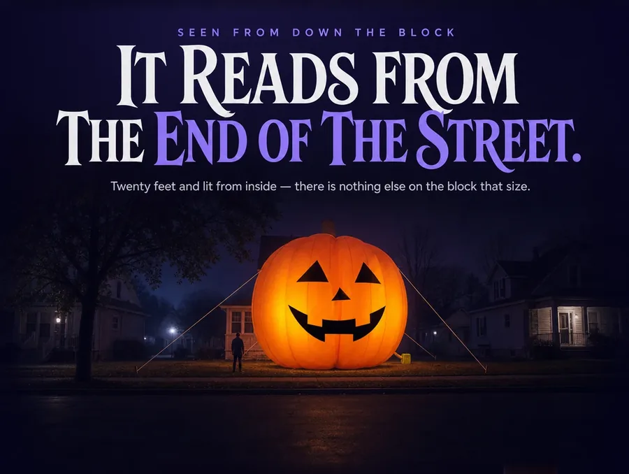 The lit giant inflatable pumpkin seen as the brightest point from far down a dark residential street at night.