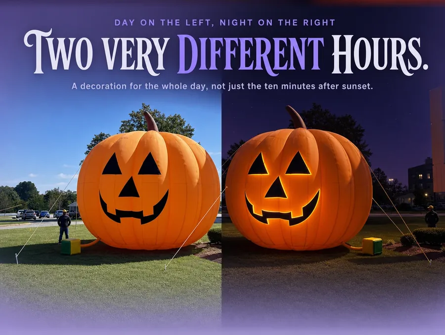 Split image comparing the giant inflatable pumpkin unlit in daylight and glowing at night in the same spot.