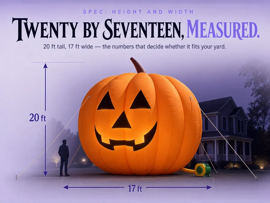 Dimension diagram of the giant inflatable pumpkin marked 20 feet tall and 17 feet wide.