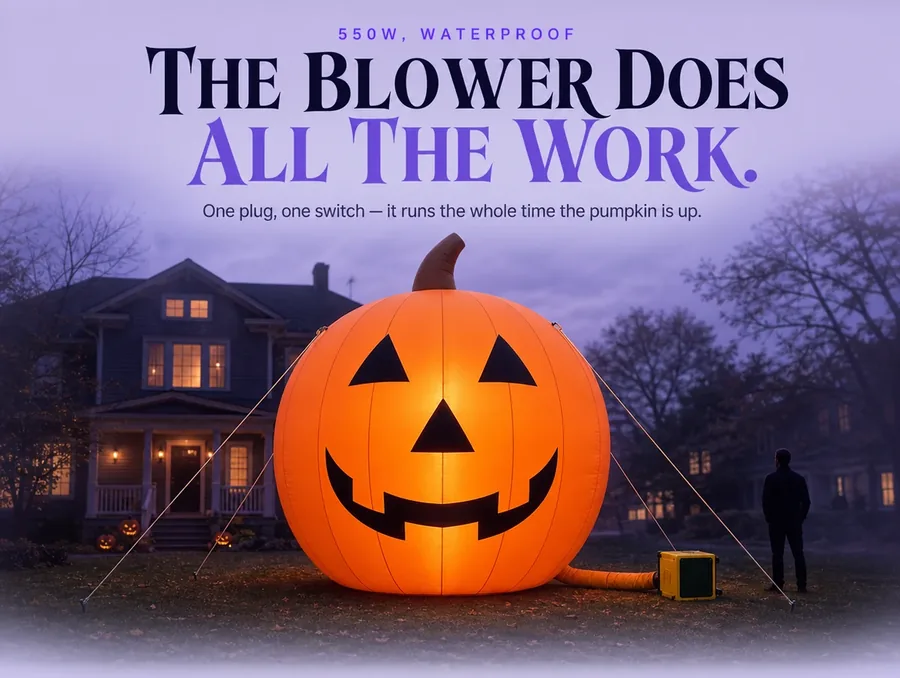 Studio product shot of the small waterproof 550W blower box used to inflate the giant pumpkin.