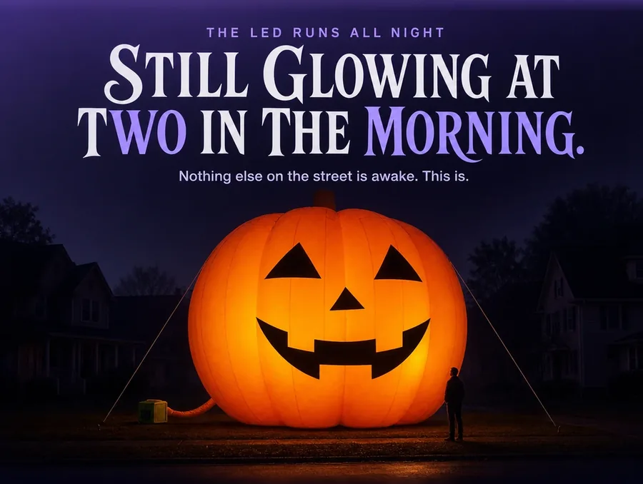 The giant inflatable pumpkin glowing alone on a dark street at two in the morning, every house asleep.