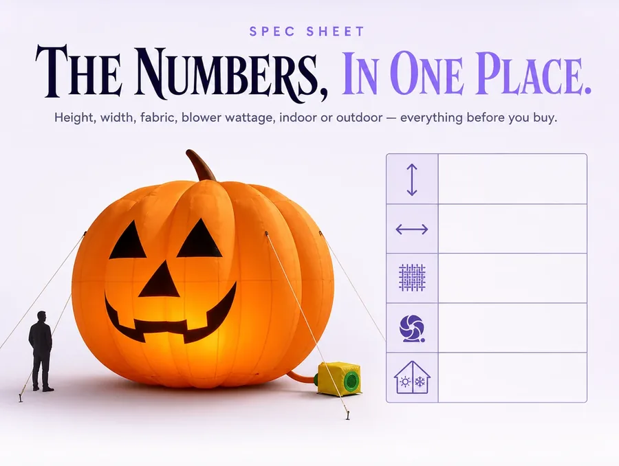 Spec sheet layout with the giant inflatable pumpkin cut out beside a table of height, width, material and power.
