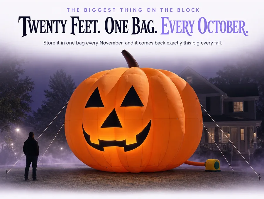 The giant inflatable pumpkin cut out on a plain pale ground with its face glowing, as a closing product shot.
