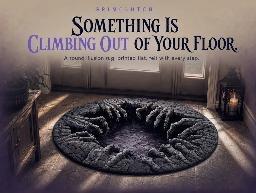 A round rug printed with grey clawed hands gripping the rim of a dark pit, laid at an entryway in late-afternoon light.