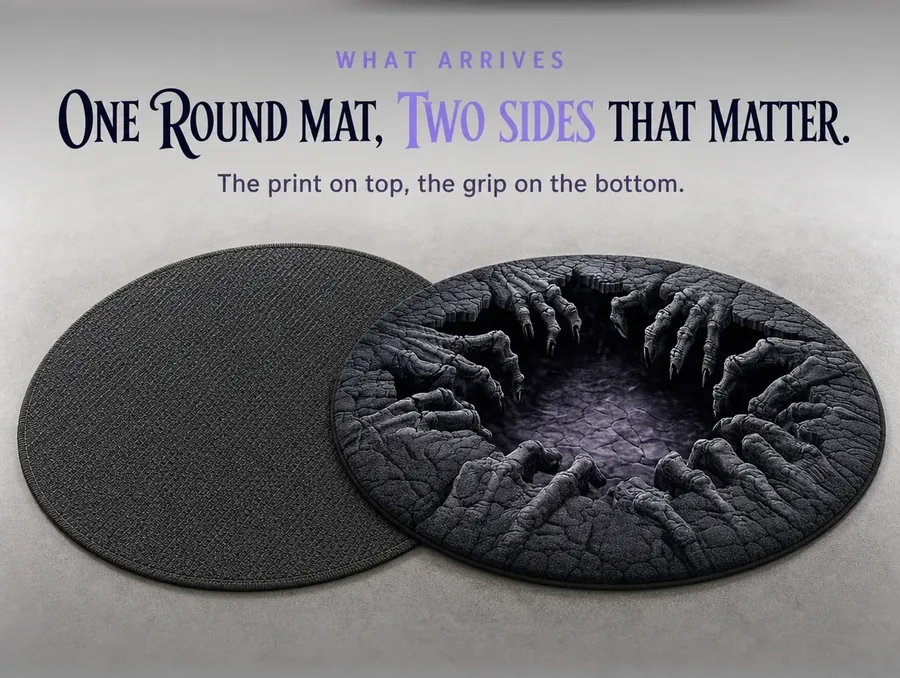 Overhead flat lay showing the illusion rug's printed top side beside its plain underside.