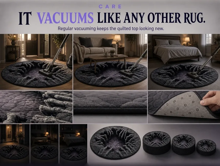 A vacuum cleaner passing over the illusion rug's surface during regular cleaning.