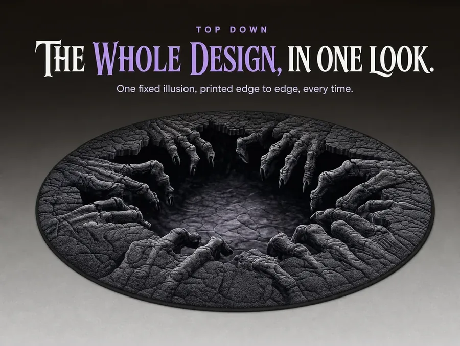 Top-down studio shot of the entire round illusion rug showing its full grayscale design.