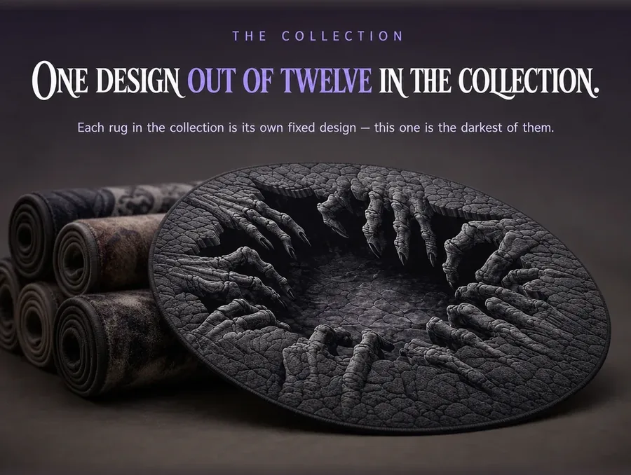 A rolled illusion rug partly unrolled to show its design, stacked beside other rolled rugs left blurred.