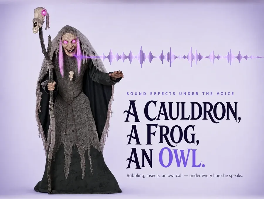 Her head cut out on a pale ground with a violet audio waveform rising from her open mouth.