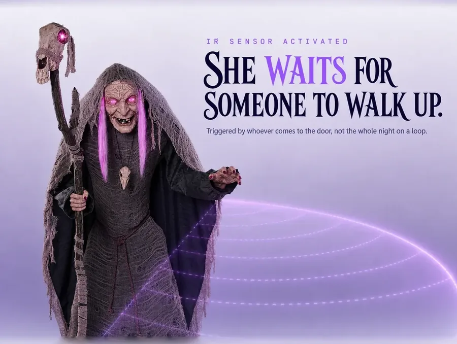 She stands cut out on a pale ground with a soft violet sensor arc sweeping in front of her.