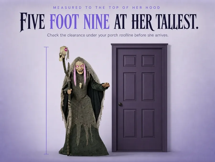 She stands beside a plain front door with a thin measurement line marking her height to the top of her hood.
