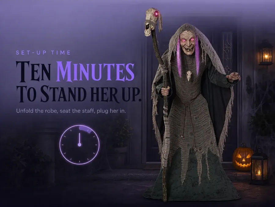 She stands mid-setup at night beside a simple violet clock graphic showing a short elapsed time.