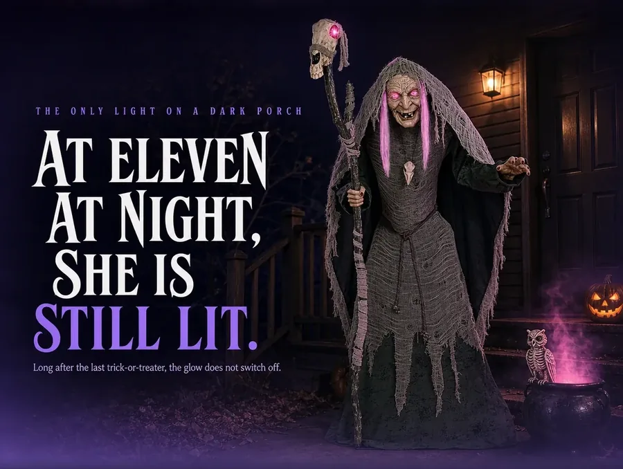 Wide night shot of her glowing pink on an otherwise dark porch, the only light left on.