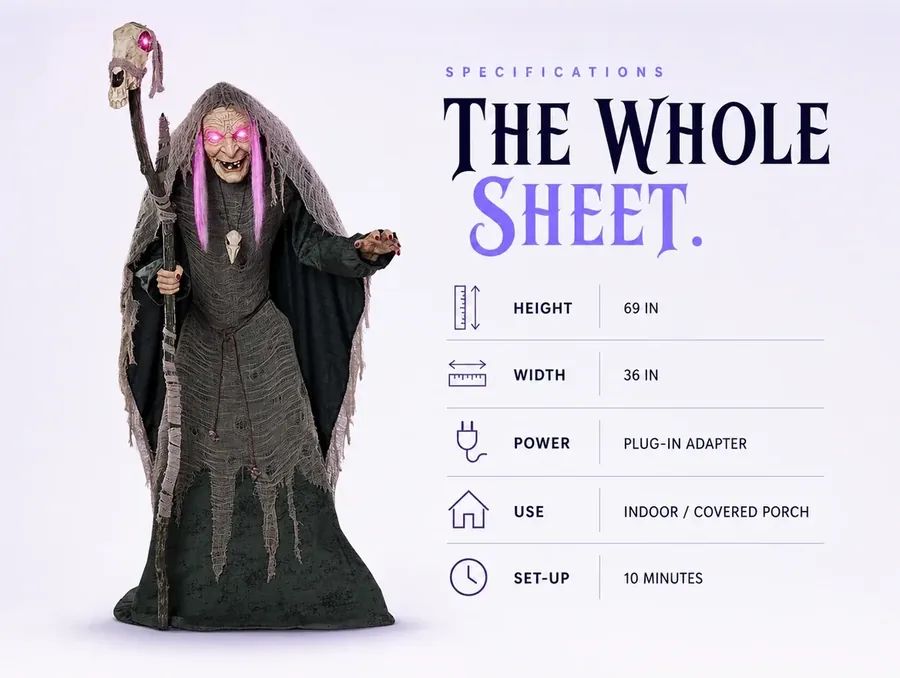 Spec sheet: she stands cut out on the left, a five-row table on the right with height, width, power, use and set-up time.