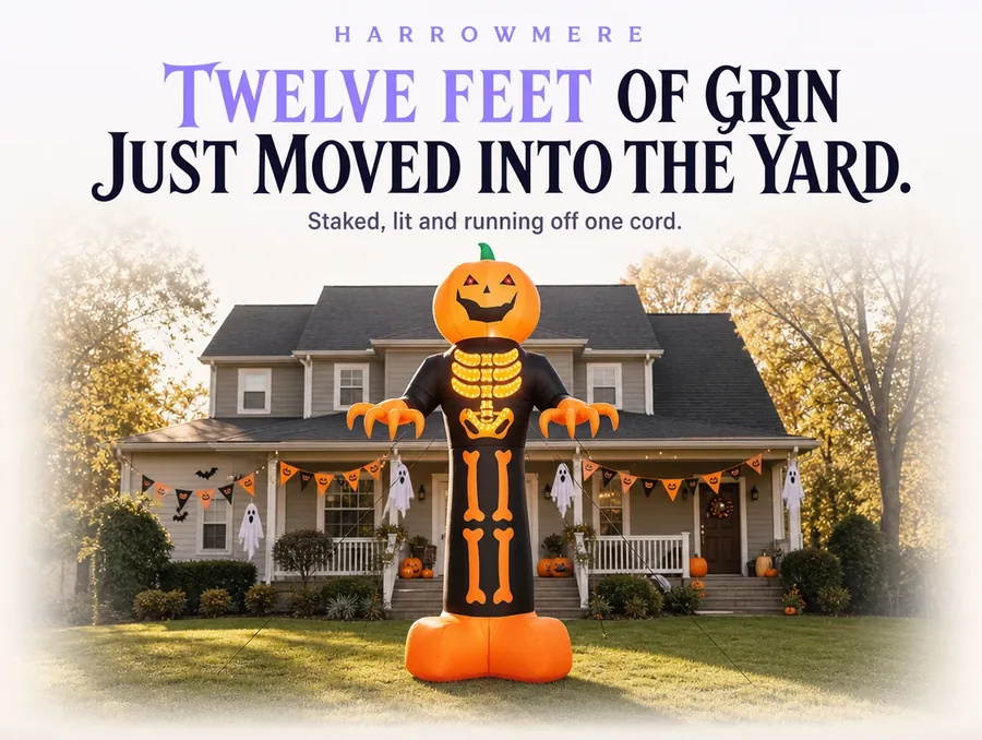 The twelve-foot jack-o'-lantern reaper staked at the centre of a front lawn in daylight.