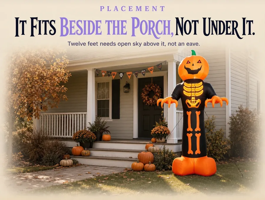 The reaper staked beside a covered porch in daylight, its head clear of the roofline.
