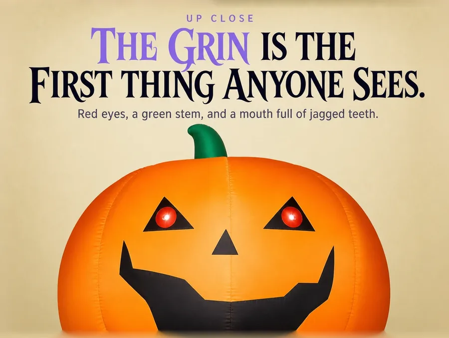 Extreme close-up of the grinning jack-o'-lantern face with its glowing red eyes.