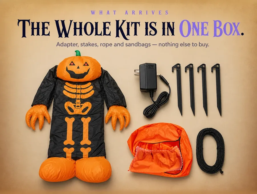 Overhead flat-lay of the folded figure with its adapter, stakes, rope and sandbag.