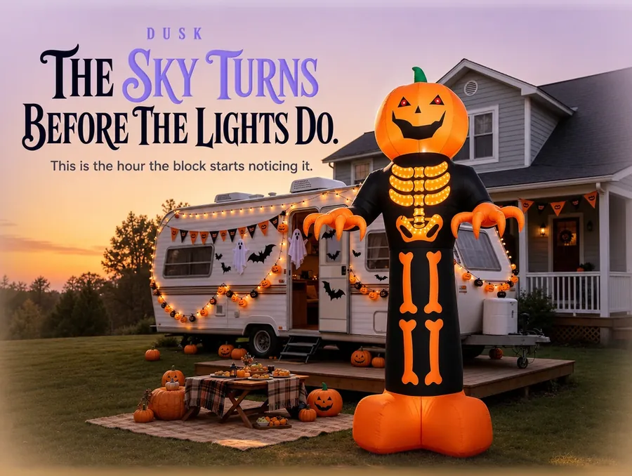 The reaper on the lawn as the sky turns amber at dusk, its lights not yet dominant.