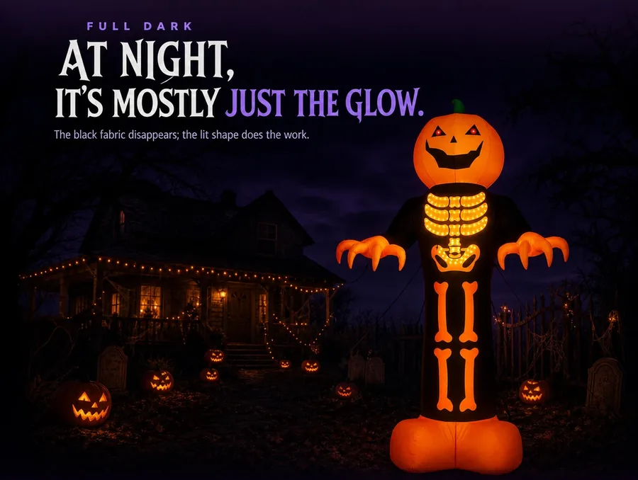 The reaper at full night, lit only by its own glowing ribcage, legs and red eyes.