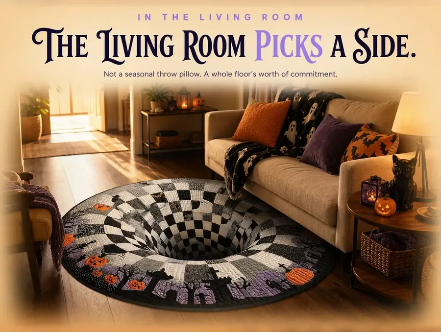 The checkerboard illusion rug placed in front of a couch in a living room lit by warm lamp light.