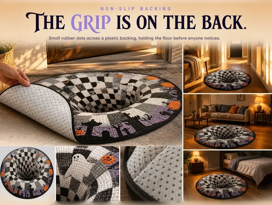 The rug's corner lifted to show rows of rubber non-slip dots on its plastic backing.