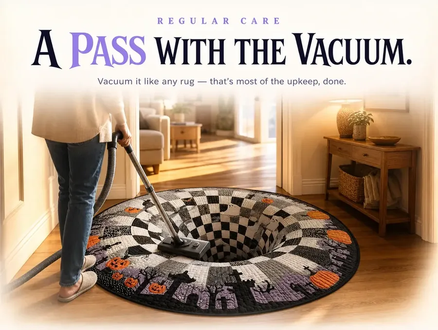 A vacuum cleaner passing over the illusion rug during routine cleaning in a bright room.