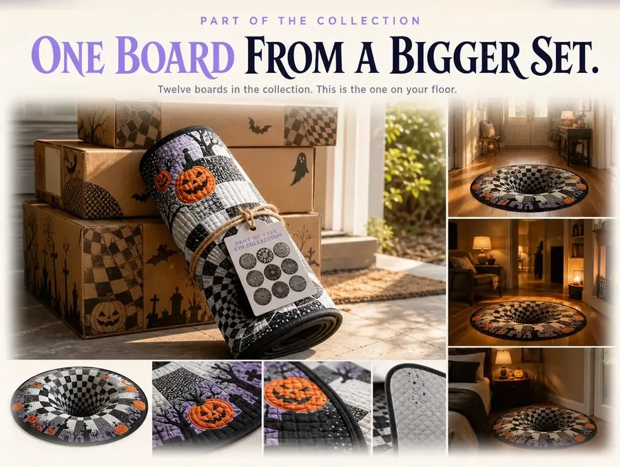 The rolled illusion rug with a collection tag, packed among Halloween decor boxes for shipping.