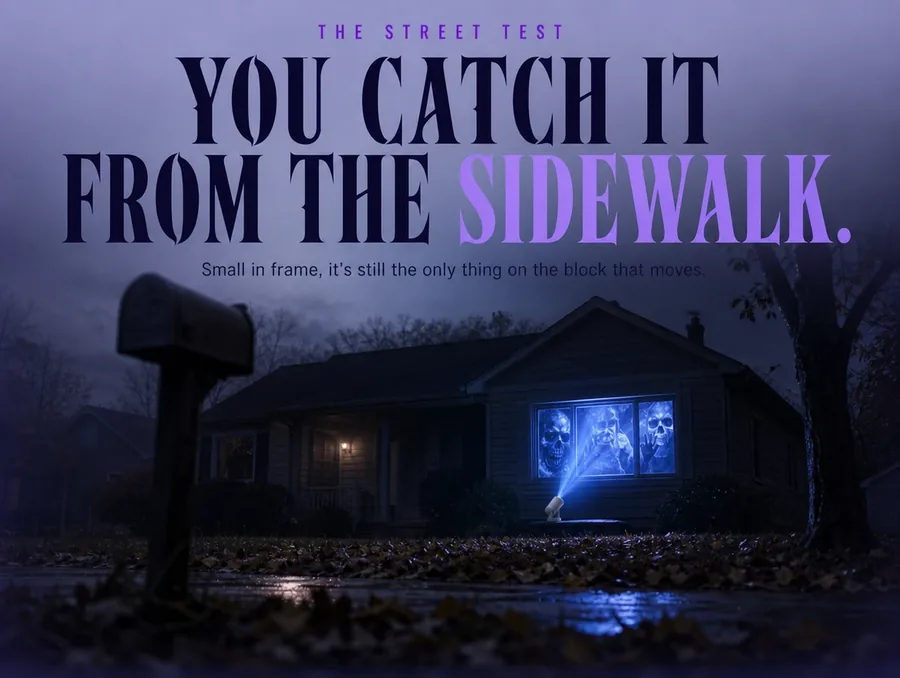 A house at night, its front window glowing with a pale haunted scene