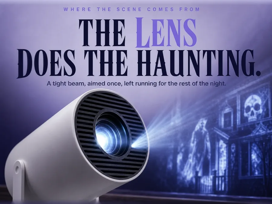 The Hollowpane projector alone on a pale studio background, lens lit
