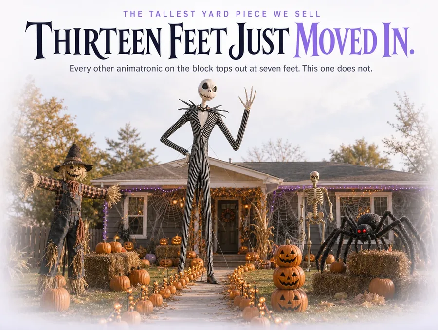 Full-body shot of the tall pinstripe animatronic figure on a front lawn beside a house, arm raised in a wave.