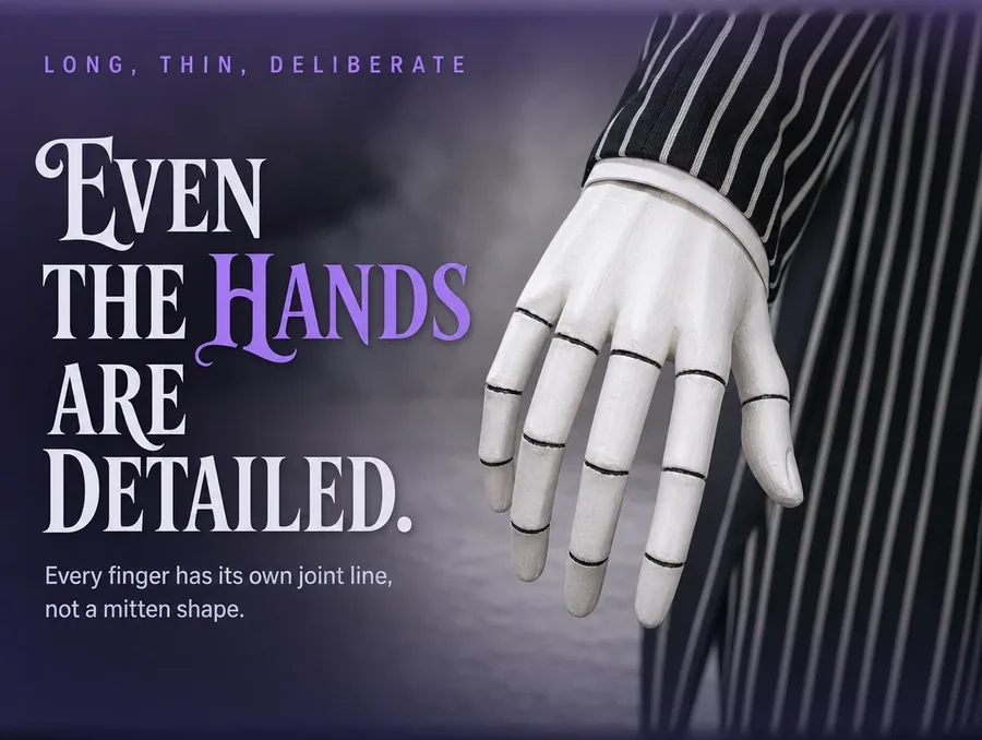 Macro of a long thin white gloved hand with dark joint lines against a pinstripe sleeve.
