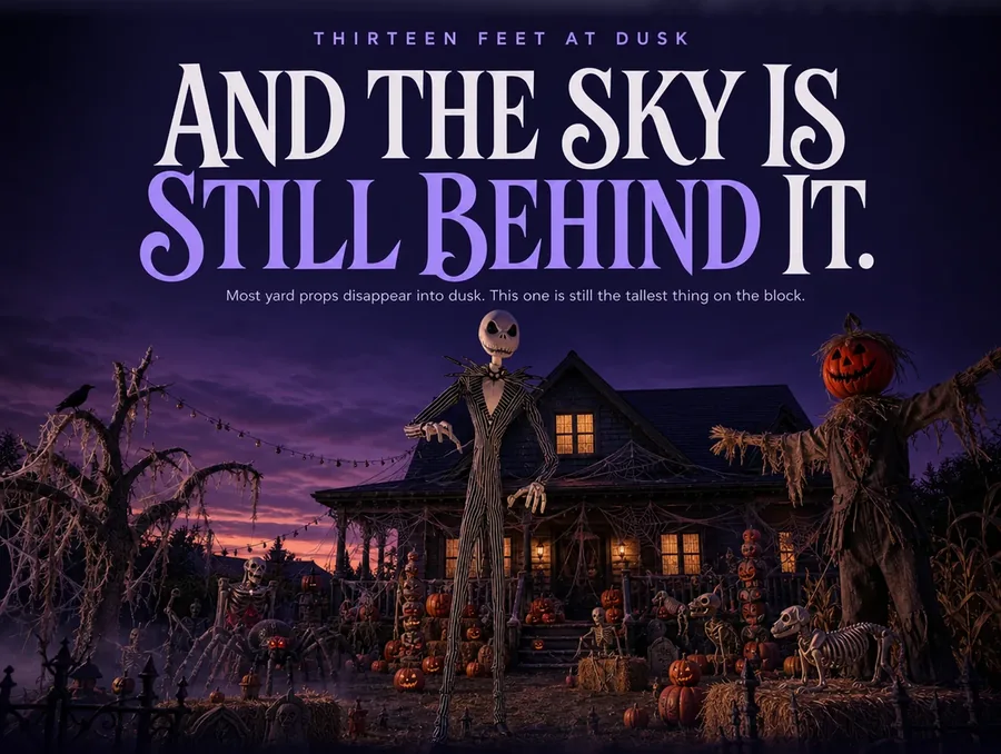 The tall animatronic figure silhouetted against a deep indigo dusk sky on the front lawn.