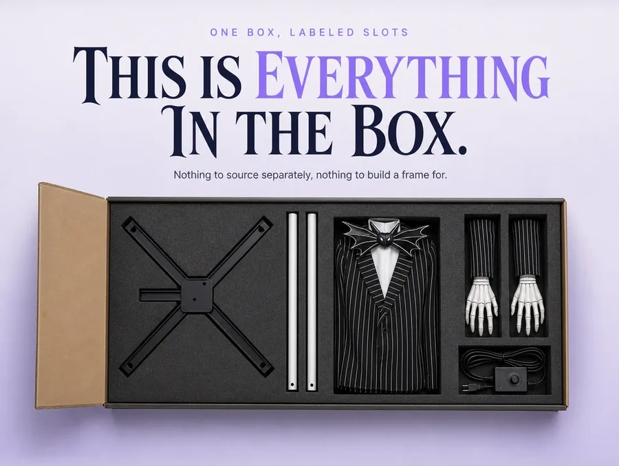 Overhead flat-lay of the figure's parts neatly organized in labeled foam tray slots.