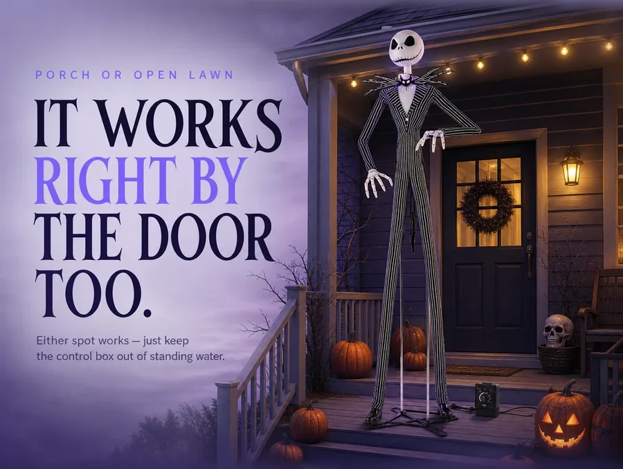 The figure standing beside a decorated front porch at dusk with string lights coming on.
