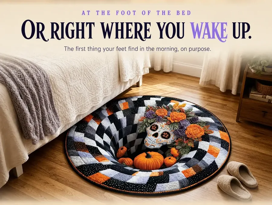 The illusion rug at the foot of a made bed in soft afternoon light, slippers set beside it.