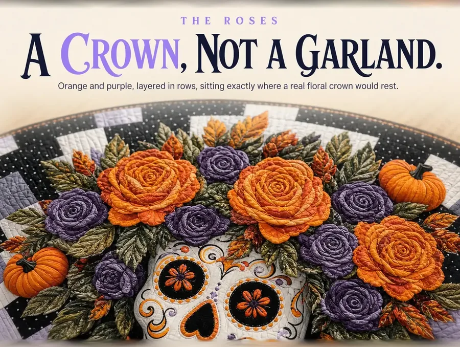 Close crop of the sugar skull's crown of orange and purple roses with small pumpkins tucked at the edges.