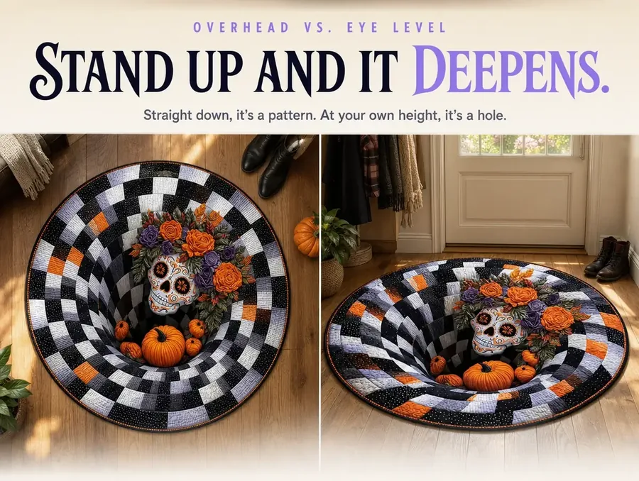 Split image comparing the rug shot straight down, looking flat, against the same rug at eye height, looking like a hole.