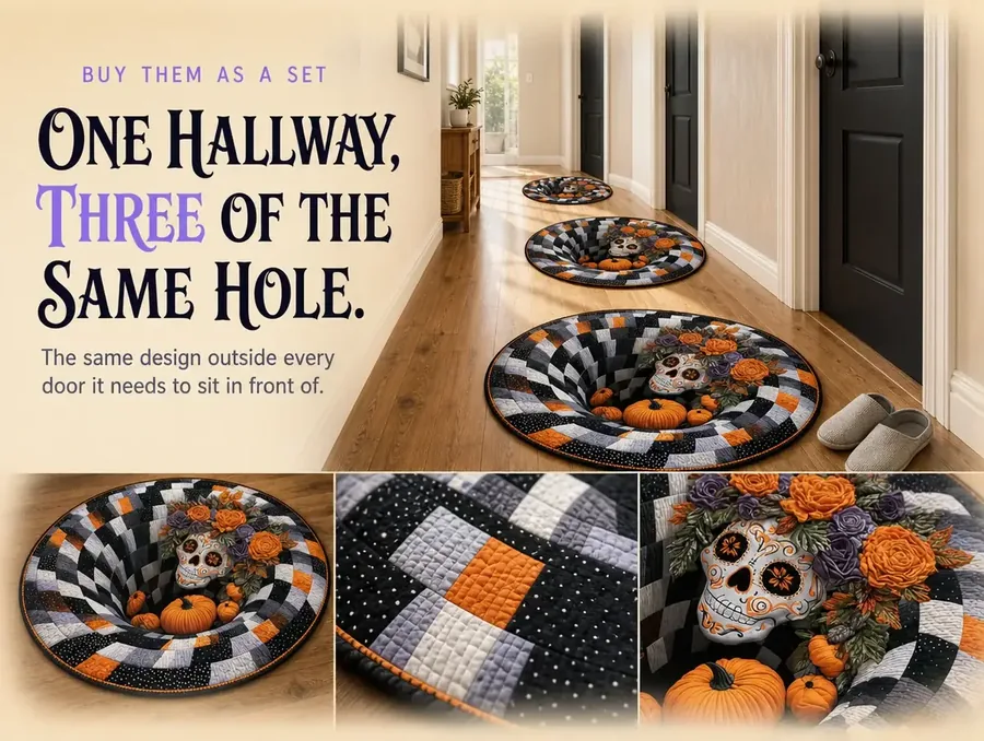 A hallway with three matching illusion rugs placed in front of three different doors.