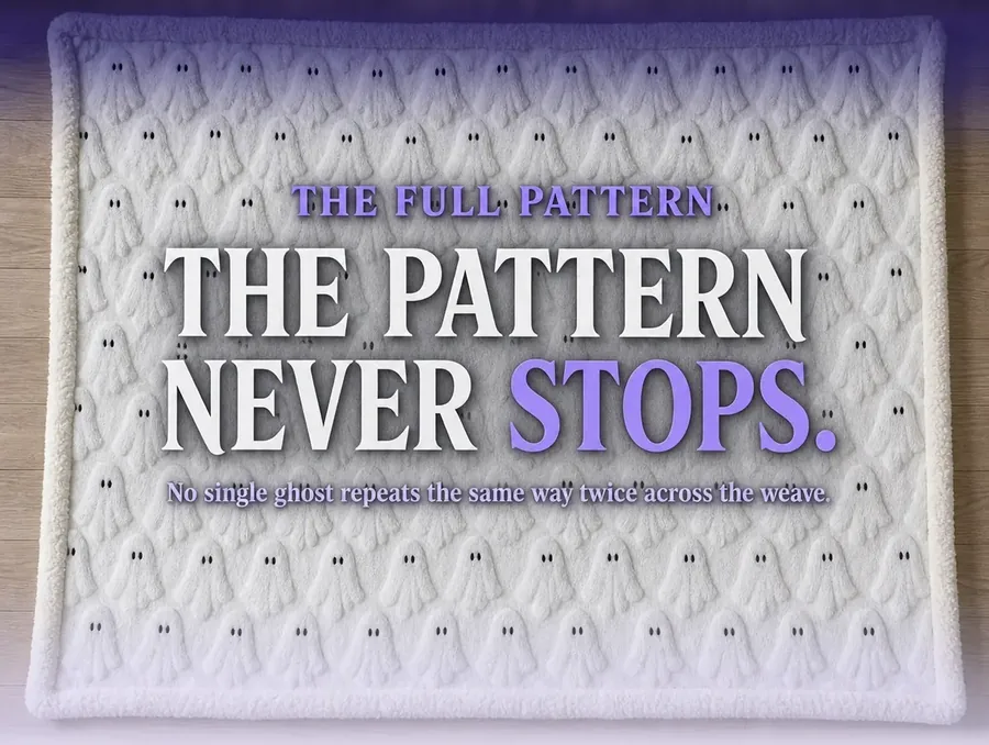 The throw fully unfolded from directly above on a wood floor, the raised ghost pattern repeating edge to edge.