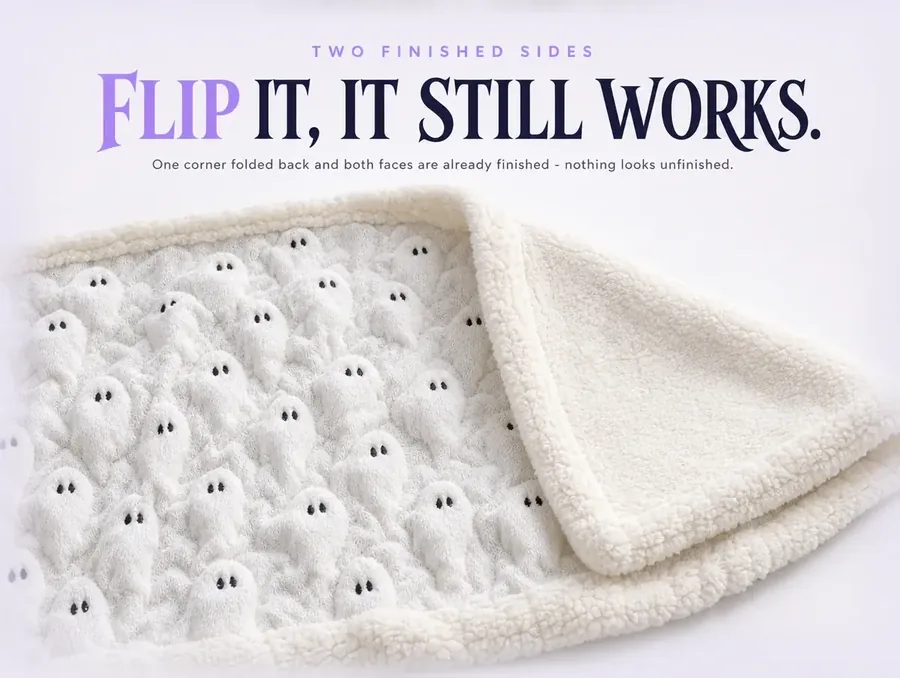 One corner of the throw folded back, showing the raised ghost-texture front and the plain sherpa back together.