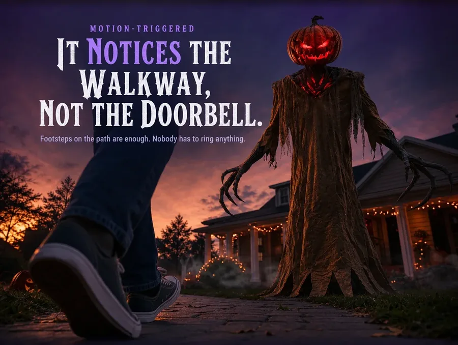 A pair of sneakers mid-step approaching a front walkway as the glowing figure ahead responds.