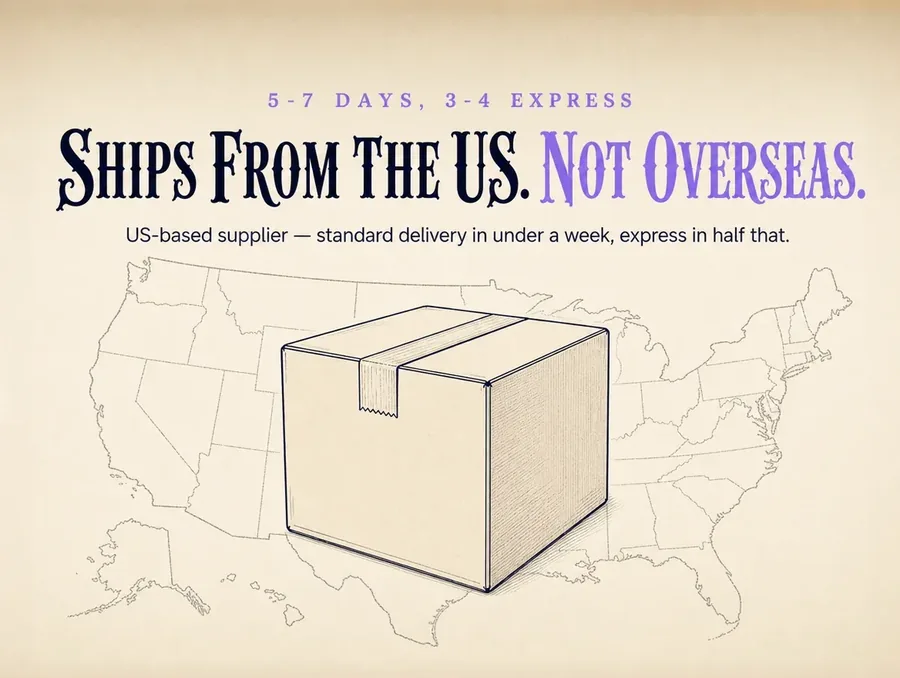 Flat line-art panel: a shipping carton, a map of the United States and a calendar page.